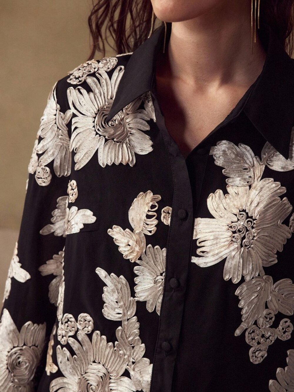 Black Elegant Women's Embroidered Button Up Shirt - Picture 3 of 8